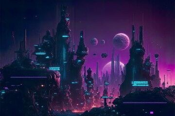 Cyberpunk futuristic, modern, cyber, dark city with neon purple lights. Metropolis from the future, science fiction. Illustration, Generative AI.
