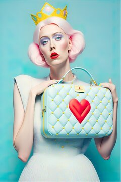 Retro, vintage portrait of a modern beautiful girl in a fashion outfit with a heart shaped purse as a symbol of love. Valentine's Day style. Illustration, Generative AI.