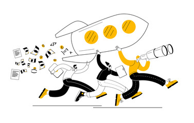 A friendly team launches a rocket. Vector illustration on the topic of teamwork in a startup.
