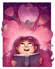 Illustration of little girl with book thinking about magic flowers