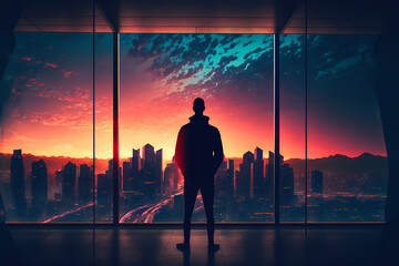 A person standing in front of a large glass window, looking out at the city skyline, representing the idea of of clear vision and a long-term perspective in achieving business success. Generative AI