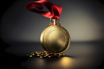 A blank medal hanging from a ribbon, representing the idea of reward and accomplishment. luxury reward and achievements. Generative AI.