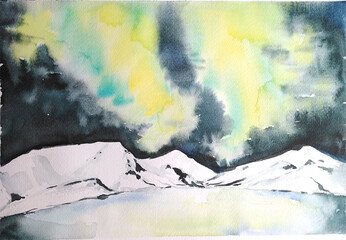 Aurora watercolor landscape with winter mountains and lake