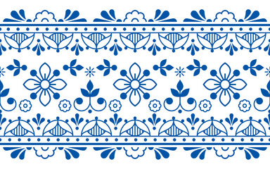 Scandinavian folk art outline vector long horizontal oriented seamless texttile or fabric print pattern, navy blue retro design with flowers 
