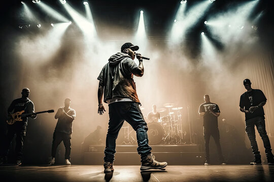 Generative Illustration AI of hip hop singer on stage during a concert illuminated by show lights