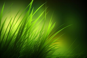 Spring grass with blurry selective focus, sun shines through the grass, macro