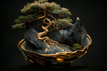 Bonsai Juniper planted in an inlaid black ceramic pot