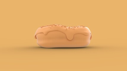 Concept symbol of baked donut with sprinkles in abstract yellow colour isolated on background with empty space for text 3d rendering image front camera view