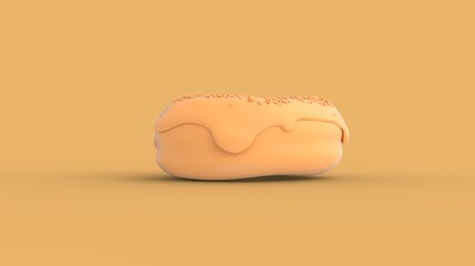 Concept symbol of baked donut with sprinkles in abstract yellow colour isolated on background with empty space for text 3d rendering image side camera view