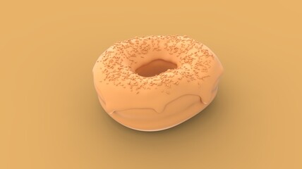 Concept symbol of baked donut with sprinkles in abstract yellow colour isolated on background with empty space for text 3d rendering image left front isometric camera view