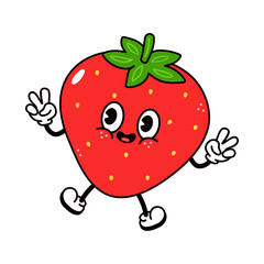 Cute funny jumping Strawberry character. Vector hand drawn traditional cartoon vintage, retro, kawaii character illustration icon. Isolated on white background. Strawberry jump character concept
