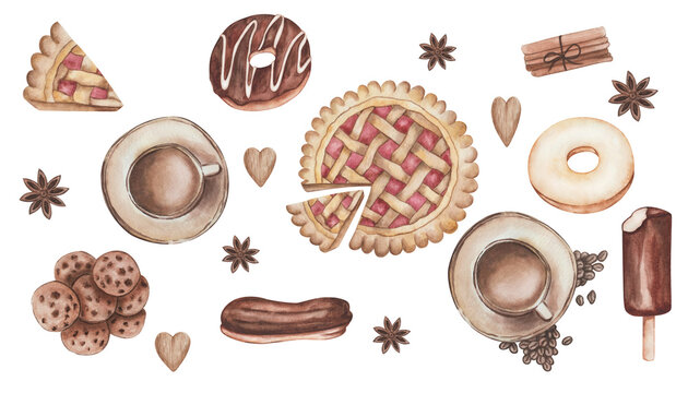 Watercolor illustration. Hand painted donuts, pie, eskimo icecream, cup of coffee, anice star, cookies, cinnamon, eclair. Sweet food dessert in beige, brown colors. Isolated clip art for menus, prints