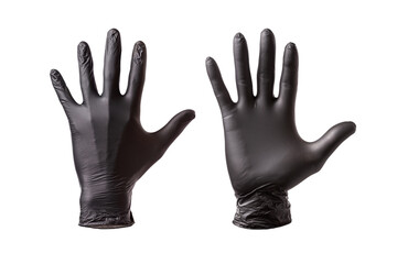 Obraz premium Black gloves worn on the hands, the outer and inner sides of the hands, isolated on white background, closeup