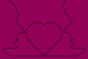 Creative website banner with man and woman outline silhouette. Valentines day background with silhouettes of person and heart on viva magenta backdrop. Valentine concept with copy space. 