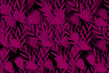 Viva magenta floral seamless pattern. Endless colorful background with pink flowers on black backdrop. Wallpaper and bed linen print. Backdrop in asian style.