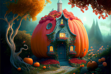 Fantasy pumpkin house with strawberries and trees, ai illustration