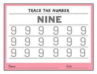 Tracing number Worksheet. Kids learning material. Worksheet for learning numbers. Number 9