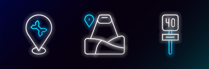 Set line Road traffic sign, Car service and Location with mountain icon. Glowing neon. Vector
