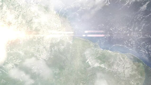 Earth zoom in from outer space to city. Zooming on Castanal, Para, Brazil. The animation continues by zoom out through clouds and atmosphere into space. Images from NASA