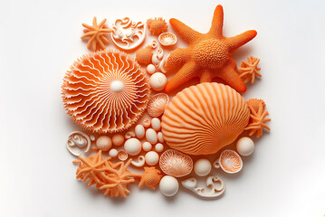 Obraz premium Collection of orange sea shells and corals on white. Generative AI