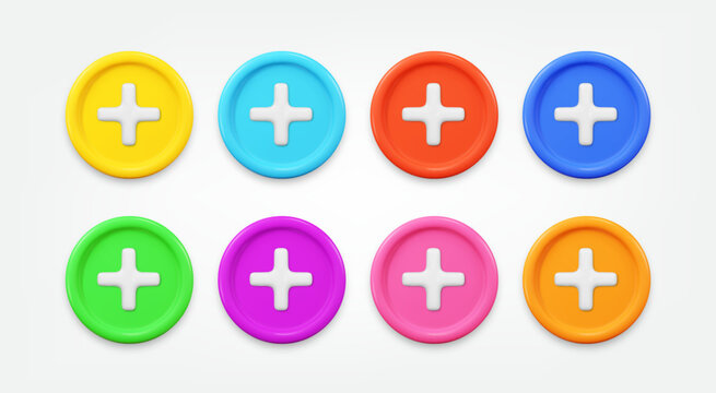 Plus button 3d icon set. realistic add sign vector illustration. design elements collection in cartoon minimal style
