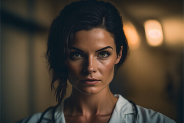 Female doctor, close up nurse in Hospital Corridor, generative ai