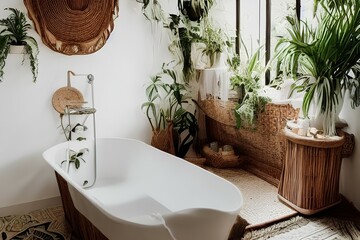 Concept of organic body care cosmetics. Vertical shot of beautiful and cozy bathroom in bohemian style with white bathtub, tropical plants, wooden and wicker home decor elements - generative ai