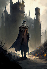 Vampire hunter warrior going into a castle