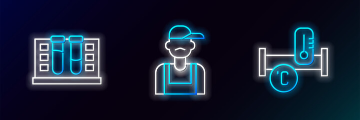 Set line Industry metallic pipe, Test tube with water drop and Plumber icon. Glowing neon. Vector