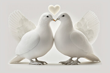 Zwei weiße Tauben mit weißem Herz bilden ein Herz mit ihren Köpfen. Weißer Hintergrund. Valentinstag oder Hochzeit. Edles Motiv der Liebe.
