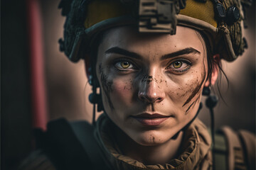 Fototapeta na wymiar Portrait of young female soldier. Woman in military uniform on the war. Generative AI
