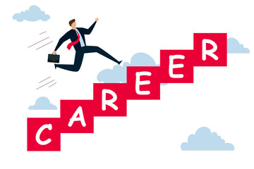 Personal development or career advancement, confident smart entrepreneur runs fast on career ladder to success.