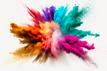 Multicolored explosion of rainbow holi powder paint isolated on white background. Generative AI