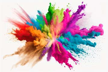 Poster Multicolored explosion of rainbow holi powder paint isolated on white background. Generative AI © Farnaces