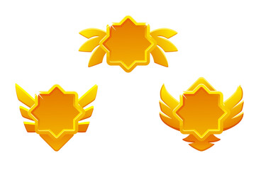 Golden game rank icons isolated. Game badges buttons in star frame with wings