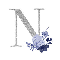 Silvet alphabet symbol with watercolor floral navy blue bouquet of flowers, letter n