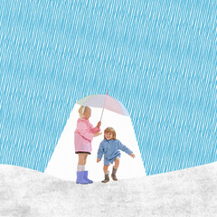 Contemporary art collage with two charming kids strolling with umbrella. Concept of spring time,...