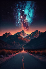 Starry night landscape, road and mountains around, 