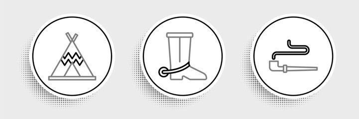 Set line Smoking pipe, Indian teepee or wigwam and Cowboy boot icon. Vector © Oksana
