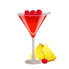 Mary Pickford cocktail in a glass garnished with maraschino cherries, pineapple.Classic alcoholic cocktail.Vector illustration.