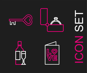 Set line Valentines day party flyer, Champagne bottle, Diamond engagement ring and Key heart shape icon. Vector