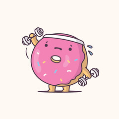 Funny donut exercising, lifting dumbbell weight cartoon vector illustration kawaii style
