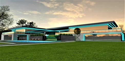 Exclusive design of the luxury real estate. Night view. Elegant turquoise illumination along glass facade. Large freshly cut lawn. 3d rendering.