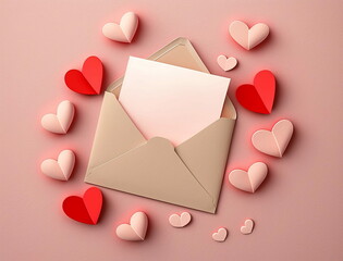 Valentine envelope surrounded by pink and red hearts