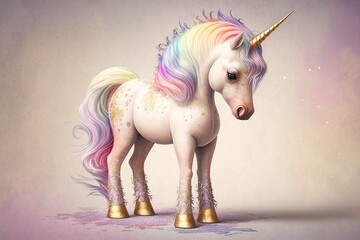 cute rainbow baby pegasus unicorn ,with a flower crown and Rainbow colors Hair, kids' pastel color fantasy magic ,Generative ai
 - obrazy, fototapety, plakaty