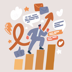 Vector illustration of man climbing the stairs. Progress diagram of levels of professional growth or hierarchy.