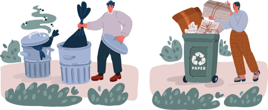 Vector illustration of man and woman recycle their garbage. People sorting trash and they are not concept. Woman put paper wasting into recycle container. Environment care. 