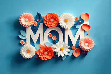 Wonderful 3D Mom abstract text declaration of love made from white letters and flowers. Generative Ai