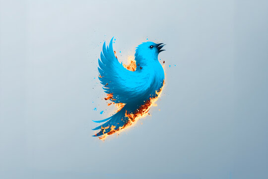 Blue Bird on Fire on White Background