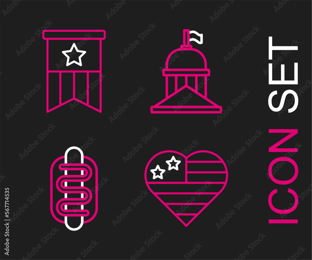 Sticker Set line USA Independence day, Hotdog sandwich, White House and American flag icon. Vector